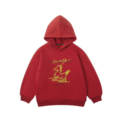 男孩连帽加绒卫衣新年印花红色