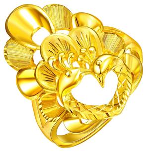 赛菲尔黄金戒指足金999.9孔雀戒指无焊料黄金活口戒时尚女戒送礼