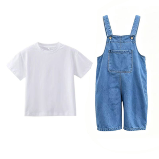 幼儿园毕业季摄影班服拍照纯棉白色T恤短袖牛仔背带裤套装演出服