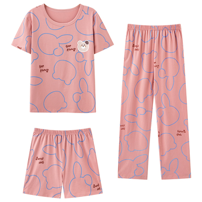 夏季薄款短袖睡衣纯棉三件套装女