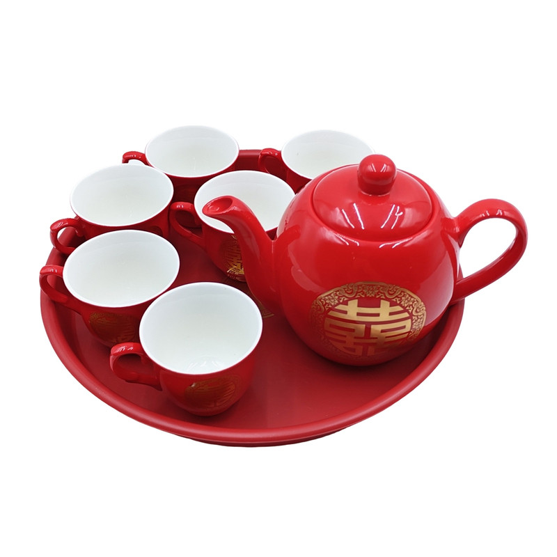 结婚敬茶杯套装红色喜字陶瓷壶