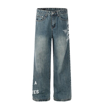 小柯xcok复古印花直筒牛仔裤男款