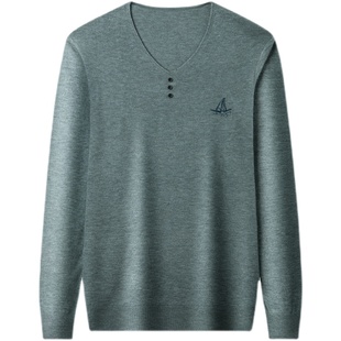 花花公子春秋羊毛衫男V领纯色长袖T恤打底衫中青年男士薄款毛衣潮