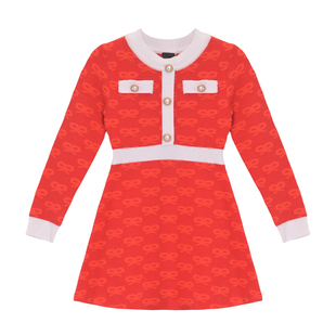 jojo童装女童冬季毛衫连衣裙圣诞风年味针织撞色连衣裙淑女高弹裙