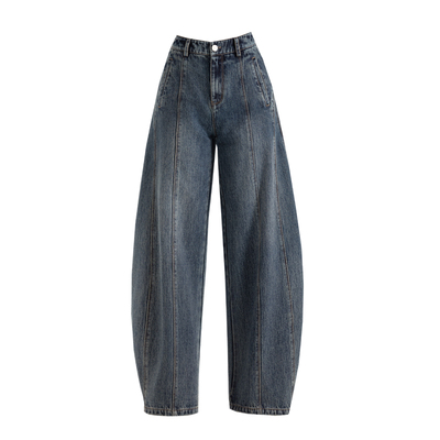 美式复古拼接弯刀牛仔裤女灯笼裤