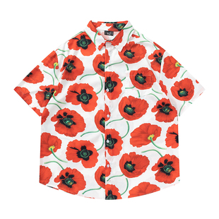 TRAVEL ISLAND 放肆生长 复古艳丽红色花朵满印夏威夷短袖衬衫ins