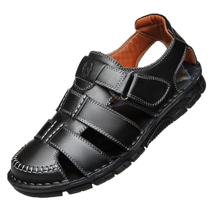 老人头男鞋夏季包头镂空凉鞋男士真皮沙滩鞋中老年爸爸健步鞋牛皮