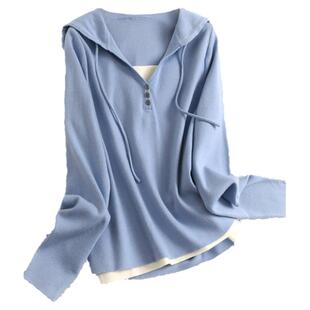 柔软舒适假两件系带连帽绵羊毛混纺长袖针织衫百搭减龄女毛衣J221