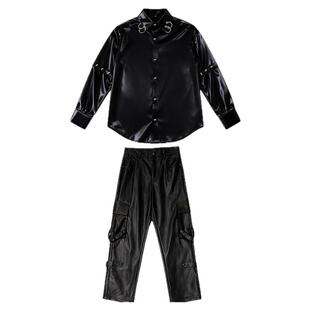 儿童街舞潮服男童嘻哈少年演出服架子鼓摇滚亮面黑衬衫炫酷套装