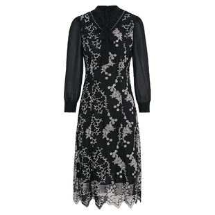 马天奴女装春夏新款黑色刺绣飘带连衣裙子收腰长袖气质时尚法式女