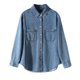 难哄章若楠同款复古蓝牛仔衬衫女叠穿百搭宽松休闲风长袖衬衣上衣