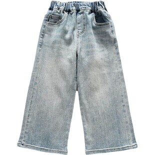 洋气童装2026春款儿童女童高弹力牛仔裤宝宝中大童直筒阔腿镶钻裤