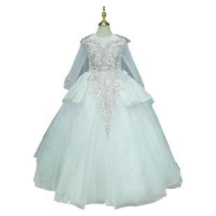 花童白色长袖婚纱出租赁女童主持公主裙朗诵弹琴优雅甜美齐地礼服