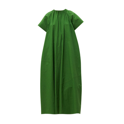 通勤棉纯色橡筋抽褶长款连衣裙