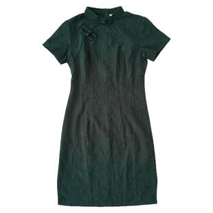 墨绿色旗袍2026新款立领气质修身显瘦收腰连衣裙短袖女小个子短款