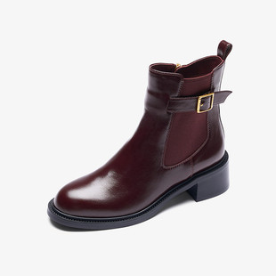 莱尔斯丹海德公园冬新款真皮粗跟黑色切尔西短靴子女鞋54501