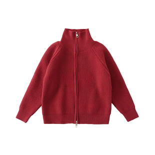 儿童红色立领拉链针织开衫2026马年男女童毛衣外套新年亲子拜年服