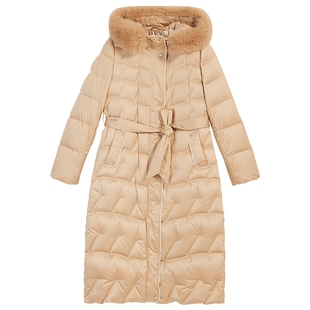 YINER音儿专选2025冬季新款法式柔光缎面长款狐狸毛领连帽羽绒服