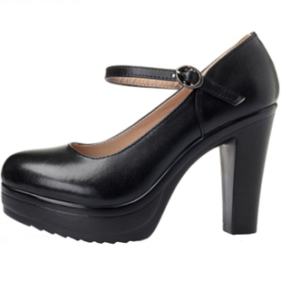 圆头浅口高跟鞋一字扣带T台走秀鞋粗跟模特演出鞋防水台33码女鞋