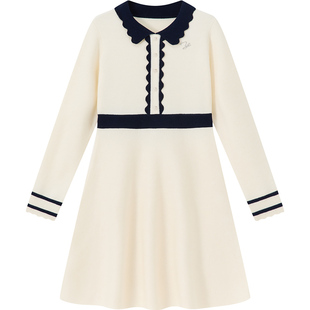 英氏女童连衣裙2026年春秋新款长袖针织连衣裙中大童娃娃领公主裙
