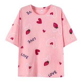 带胸垫睡衣上衣单件女夏纯棉短袖T恤免文胸大码胖mm200斤家居服夏