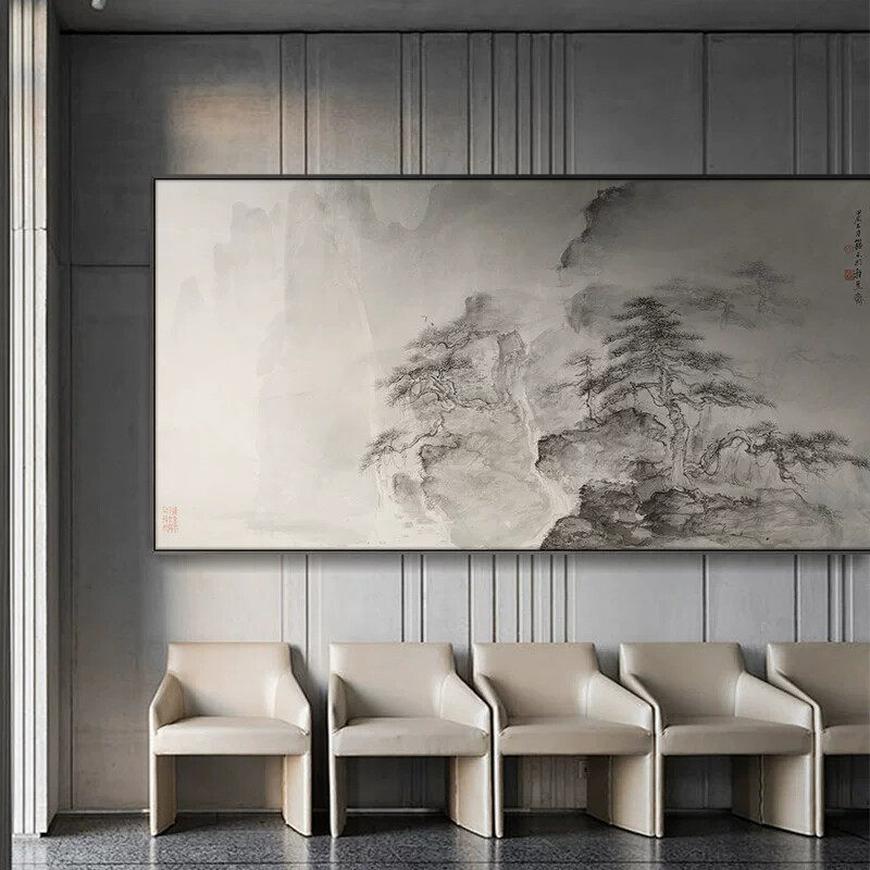 新中式酒店别墅大堂高档禅意水墨山水画客厅沙发背景墙装饰画国画