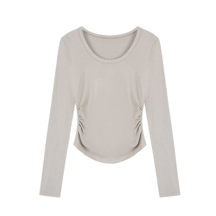 pusumede 内搭好手 圆领长袖T恤女设计感褶皱收腰内搭打底衫上衣