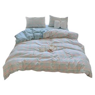 春夏纯色水洗棉床上四件套非纯棉全棉被套罩床单宿舍床品三件简约