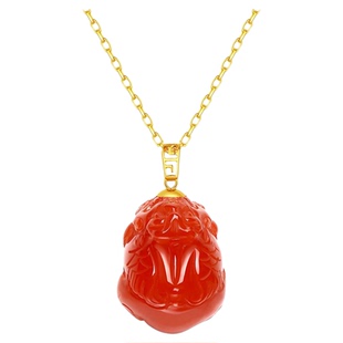 保山南红貔貅吊坠女赤玉18K金项链柿子红雕刻立体新中式高档挂件