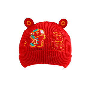 婴儿喜庆红色帽子女宝宝秋冬季男宝保暖加厚防风小月龄新年毛线帽