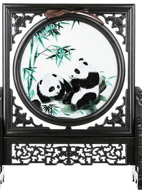 蜀绣檀木手工熊猫屏风摆件