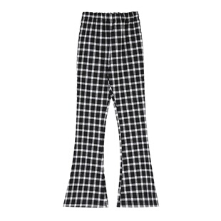 大于诗集加绒开叉裤女小个子黑白格子高腰垂感微喇叭裤休闲长裤冬