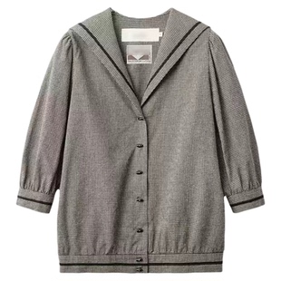 复古海军领衬衫韩国2026viaplain拼色边襟单排扣格纹上衣女