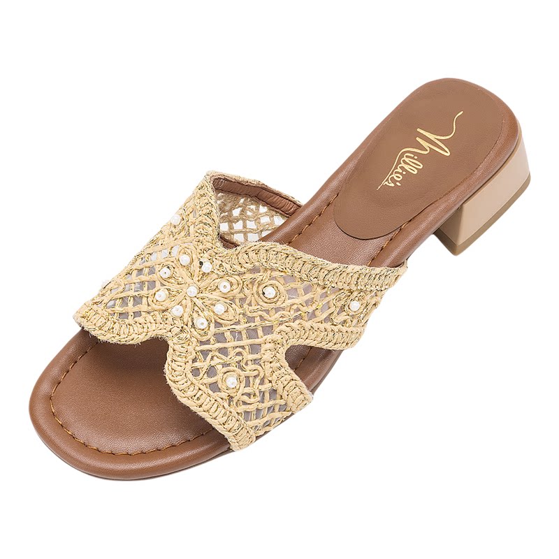 妙丽复古镂空编织粗跟软底一字拖