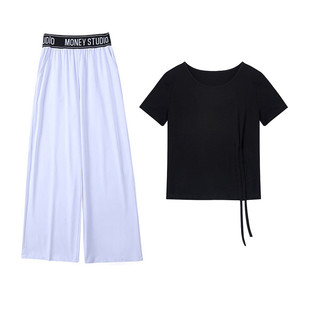 杨丽萍广场舞服装夏新款抽绳短袖上衣时尚宽松阔腿裤女跳操健身服