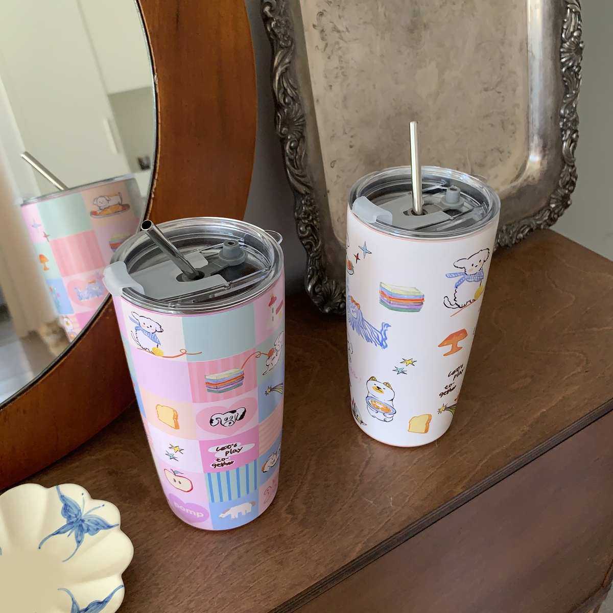 pomp小狗聚会高颜值保温杯保冷吸管杯女士水杯咖啡杯办公室杯子