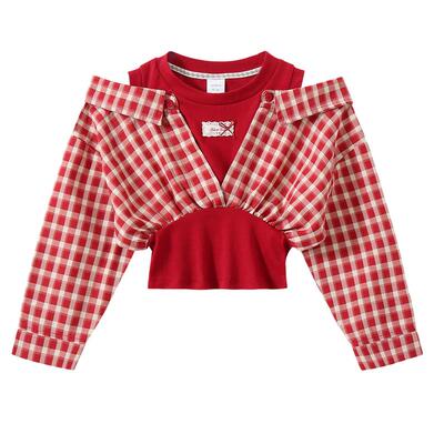 假俩件叠穿设计格纹衬衫袖拼接