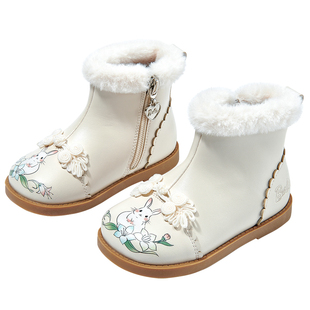芭比童鞋女童靴子2025新款冬季加绒小童棉靴汉服鞋宝宝靴儿童短靴