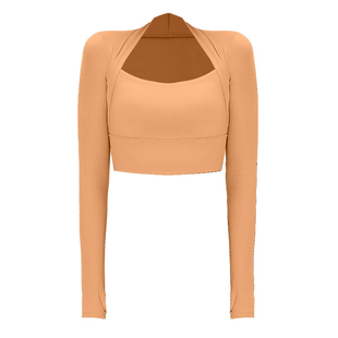 健身服女性感露脐短款训练跑步T恤秋季冬运动长袖带胸垫瑜伽上衣