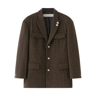 NUMBER HERE 全羊毛花式纱线多口袋复古风格休闲宽松花呢西装外套