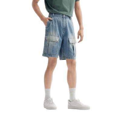 森马复古做旧宽松工装牛仔中裤男