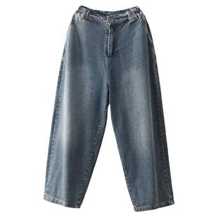 内里色织亚麻格纹双层高腰裤全棉牛仔显瘦休闲长裤复古显瘦萝卜裤