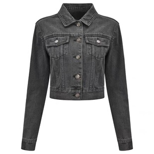 2021年修身水洗做旧欧美复古短外套烟灰色高腰百搭短款牛仔夹克女