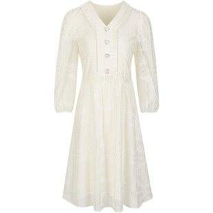 衣香丽影白色蕾丝绣花连衣裙女2025年秋装新款法式泡泡袖娃娃裙子