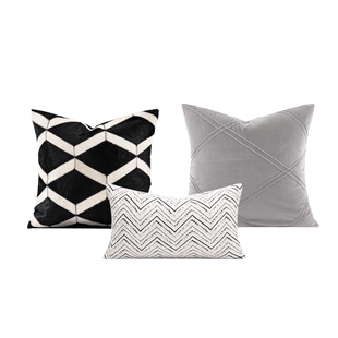 柏洛斯轻奢Fox狐狸毛真皮几何黑白色靠枕套高级感样板间沙发抱枕