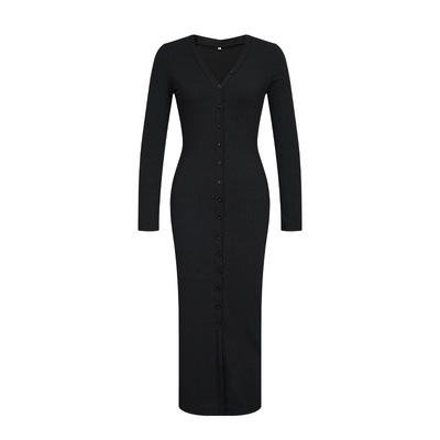 修身V领单排扣长袖连衣裙