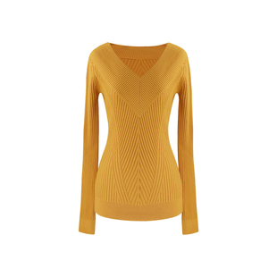 【素雅】SYT自制 温柔风纯色V领修身显瘦坑条套头针织长袖上衣女