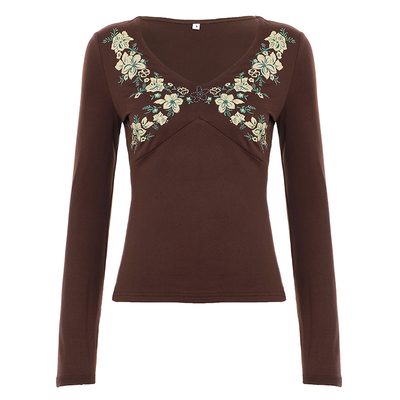 WEEKEEP 复古棕色V领植物花卉印花长袖T恤女修身内搭打底上衣