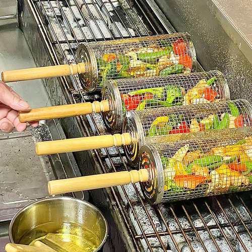 【滚动的蔬菜】烤菜笼烧烤笼烧烤网滚筒不锈钢加厚户外露营烧烤架