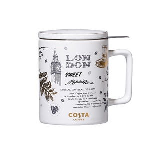 Costa咖啡简史马克杯系列陶瓷杯盖勺子茶滤不锈钢黑白咖啡杯新款